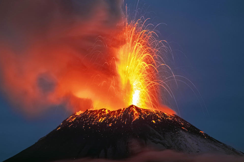 A close-up view of Popocatépetl erupting 