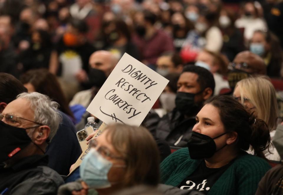 Residents fill the auditorium during a school board meeting at Lakeland High School in Shrub Oak on Thursday, February 17, 2022. 