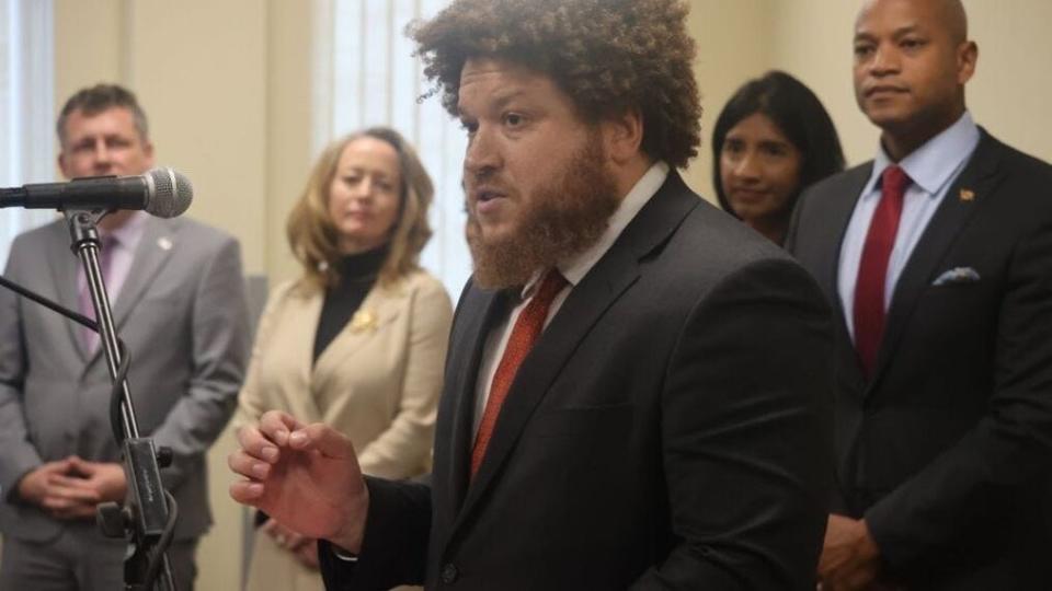 Fagan Harris, center, speaks after being named chief of staff by Wes Moore on Nov. 14, 2022. Behind him from left to right: Eric Luedtke, named chief legislative officer, Amanda LaForge, named chief legal counsel, Lt. Gov.-Elect Aruna Miller, and Gov.-Elect Wes Moore.