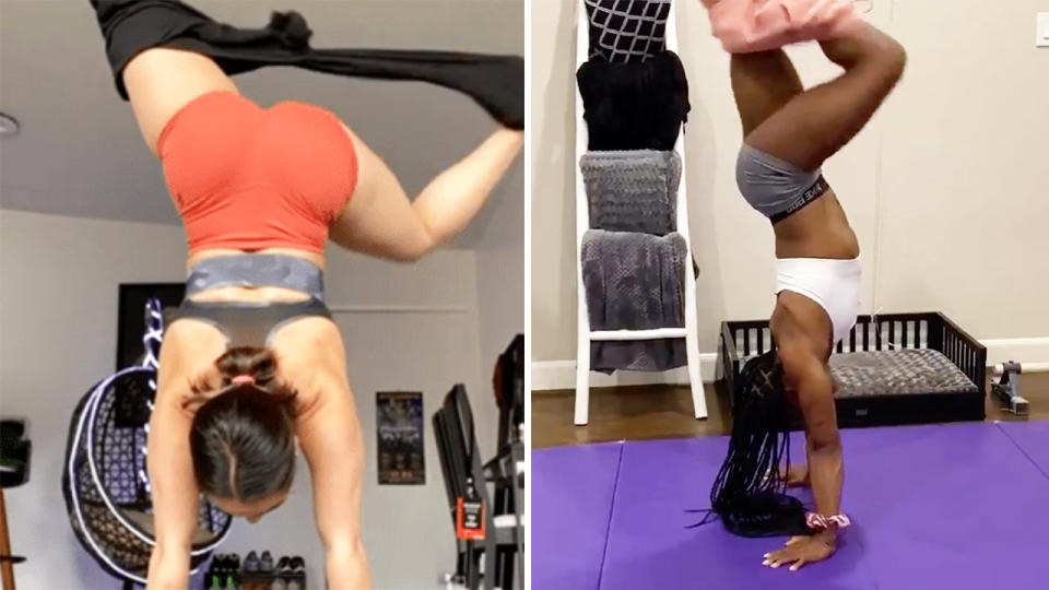 US gymnasts Katelyn Ohashi and Simone Biles have gone viral after absolutely nailing the handstand challenge. Pictures: Instagram/katelyn_ohashi/Twitter/Simone_Biles