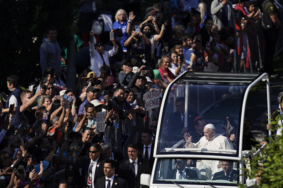 Pope Francis arrives for mass at the National Shrine of Saint Anne de Beaupre, Thursday, July 28, 2022, in Saint Anne de Beaupre, Quebec. Pope Francis is on a "penitential" six-day visit to Canada to beg forgiveness from survivors of the country's residential schools, where Catholic missionaries contributed to the "cultural genocide" of generations of Indigenous children by trying to stamp out their languages, cultures and traditions. (AP Photo/John Locher)