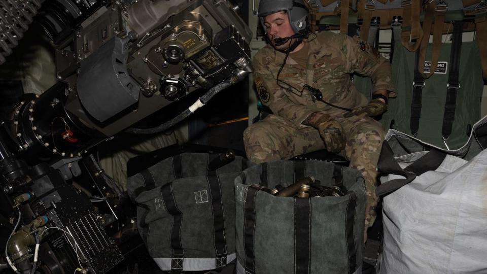 U.S. Air Force Staff Sgt. Alain Haldeman, a 17th Special Operations Squadron AC-130J Ghostrider aerial gunner, conducts live-fire training in Japan on Nov. 10, 2022. (Airman 1st Class Alexis Sandoval/U.S. Air Force)