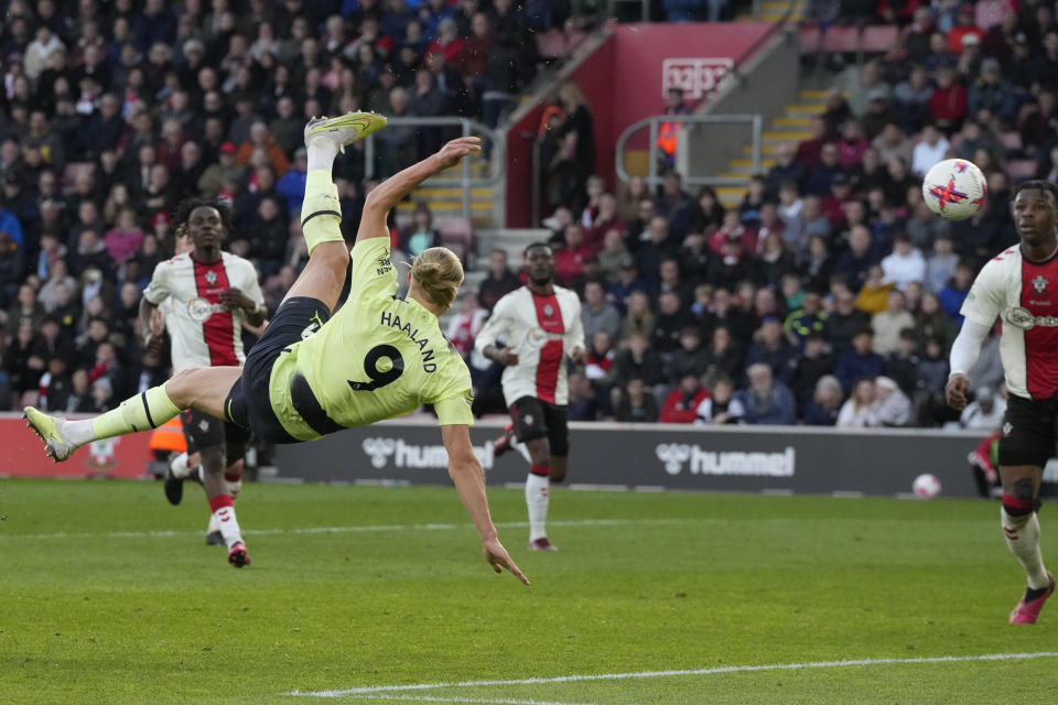 Manchester City's Erling Haaland celebrates after scoring his side's third goal during the English Premier League soccer match between Southampton and Manchester City at St Mary's Stadium in Southampton, England, Saturday, April 8, 2023. (AP Photo/Frank Augstein)