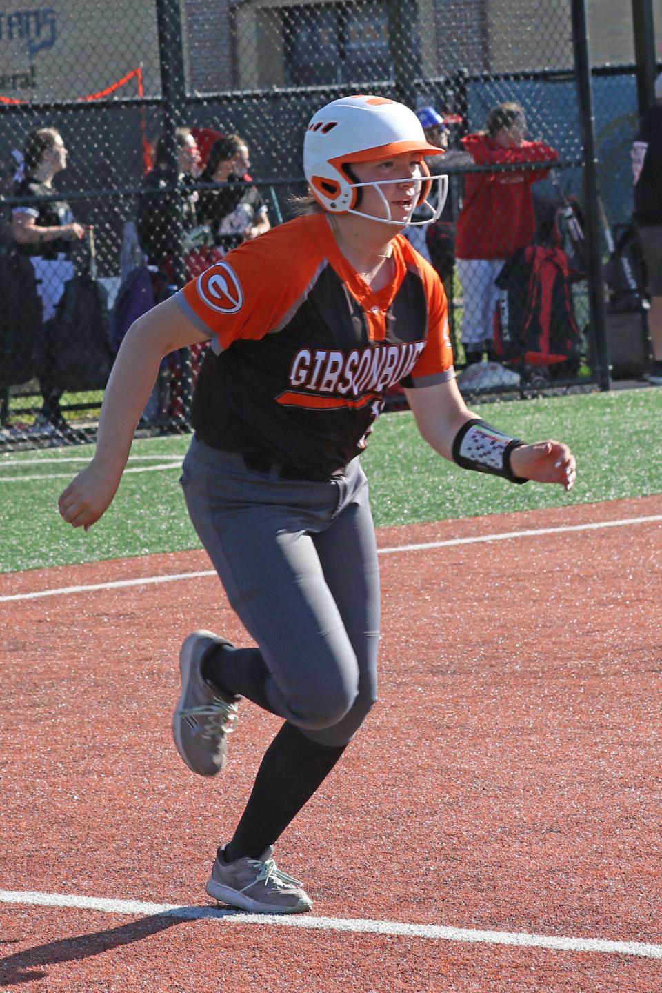 Gibsonburg's Emily Henderson races to first base on her way to a stand-up double.