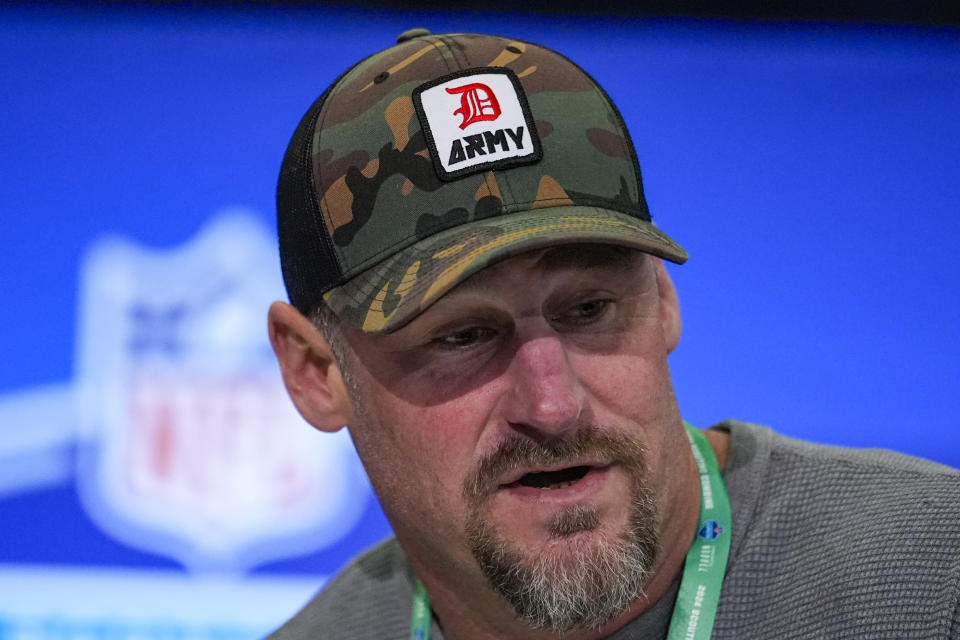 Detroit Lions head coach Dan Campbell speaks during a press conference at the NFL football scouting combine in Indianapolis, Tuesday, Feb. 27, 2024. (AP Photo/Michael Conroy)