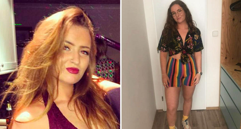 Pictured is Amelia Bambridge left with red lipstick and right in rainbow shorts and a crop top. 