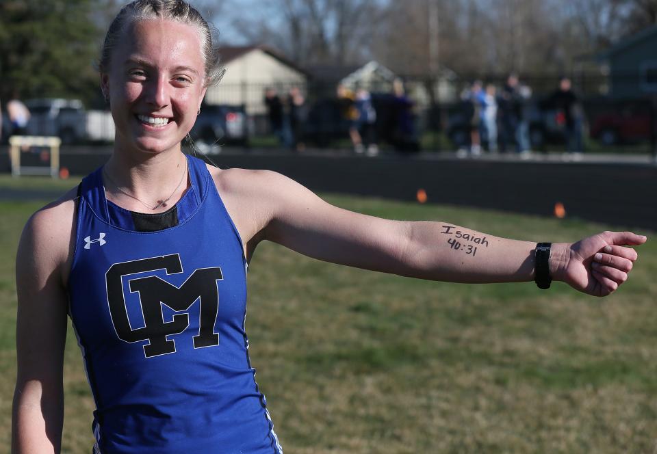 Collins-Maxwell distance runner Jayden Peters uses the Bible verse Isaiah 40:31 as inspiration during races. Peters won three individual races and anchored a relay to victory for the Spartan girls track and field team during the Dave Robinson Relays at Cub Stadium in Nevada Friday.