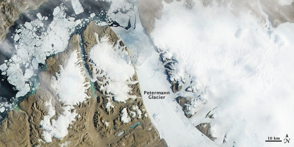 Petermann Glacier's ice shelf on July 16, 2012, just an hour or so before a giant iceberg broke off and began to float away.