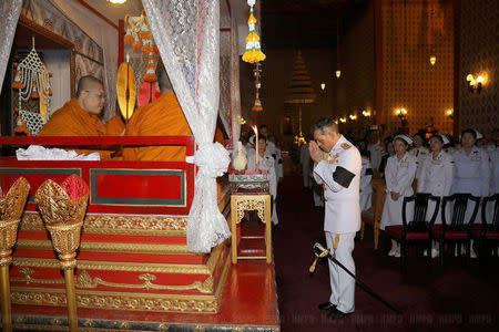 Thailand's Crown Prince Maha Vajiralongkorn takes part in a ceremony honouring Thailand's late King Bhumibol Adulyadej at the Grand Palace in Bangkok, Thailand, October 24, 2016. Picture taken October 24, 2016. Picture has been watermarked from source. Thailand Royal Household Bureau/Handout via REUTERS