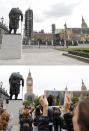 A combo of images shows people recording the last bell bong of Big Ben housed inside Elizabeth Tower in London on Monday, Aug. 21, 2017 and the same view except this time an empty scene take on Wednesday, April 1, 2020. When Associated Press photographer Frank Augstein moved to London in 2015, what struck him most was the crowds. In years of covering political dramas, moments of celebration and tragedy and major sporting events, Augstein's photographs have captured the city's ceaseless movement: Pedestrians swarming over the Millennium footbridge spanning the River Thames. Travelers from the U.K. and continental Europe thronging St. Pancras railway station. Commuters following London transit etiquette by carefully ignoring one another on a crowded Tube train, or waiting patiently in a snaking bus queue. Augstein revisited those sites in recent days after Britain — like other countries around the world — went into effective lockdown to stem the spread of the new coronavirus. (AP Photo/Frank Augstein)