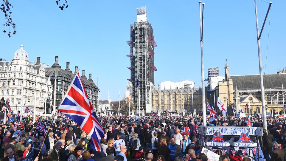 Police arrested five people at the demonstration after Theresa May’s Brexit deal was rejected for a third time. (PA)