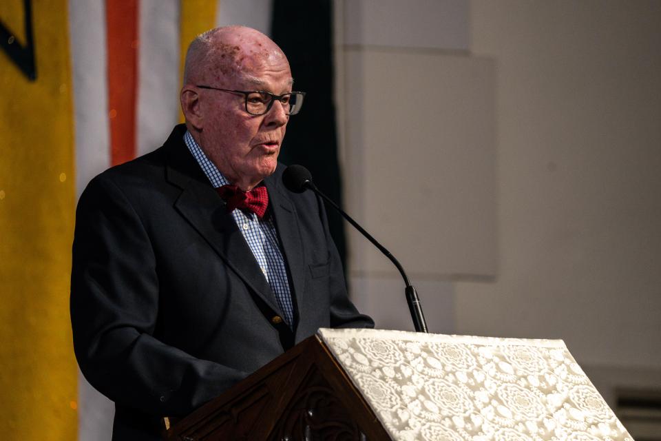 Michael Gartner speaks during a celebration of life service for Sharon Malheiro on Saturday, April 15, 2023, at Plymouth United Church of Christ in Des Moines, Iowa.