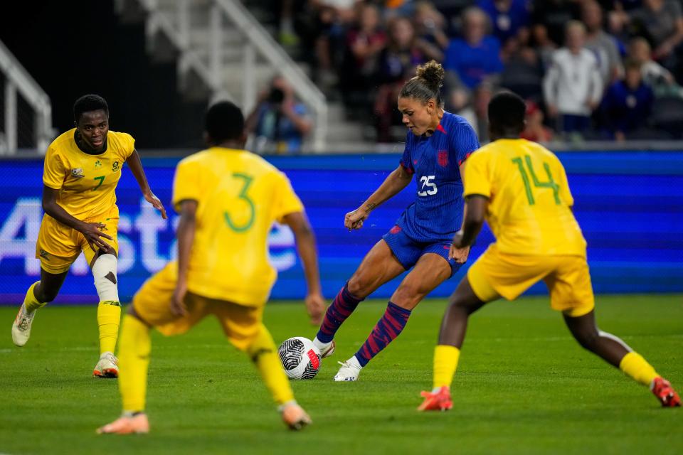 United States forward Trinity Rodman (25) shoots in the second half of the Woman’s Soccer International Friendly match between the United States National Teams and the South Africa at TQL Stadium in Cincinnati on Thursday, Sept. 21, 2023. USA maintained a carried lead to a 3-0 over South Africa.