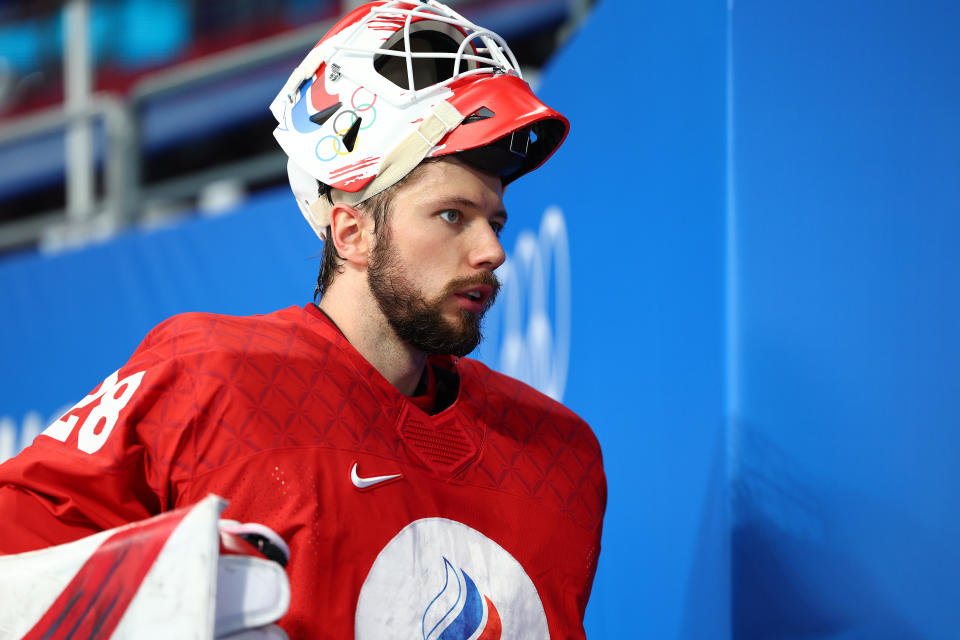 Ivan Fedotov walks to the locker room after the first period during the Men's Ice Hockey Quarterfinal match between Team ROC and Team Denmark at the Beijing 2022 Winter Olympic Games on February 16, 2022 in Beijing, China. / Credit: / Getty Images