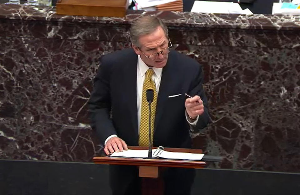 In this screenshot taken from a congress.gov webcast, former President Donald Trump's defense attorney Michael van der Veen speaks on the fourth day of Trump's second impeachment trial at the U.S. Capitol on Feb. 12 in Washington, D.C. (Photo: Handout via Getty Images)