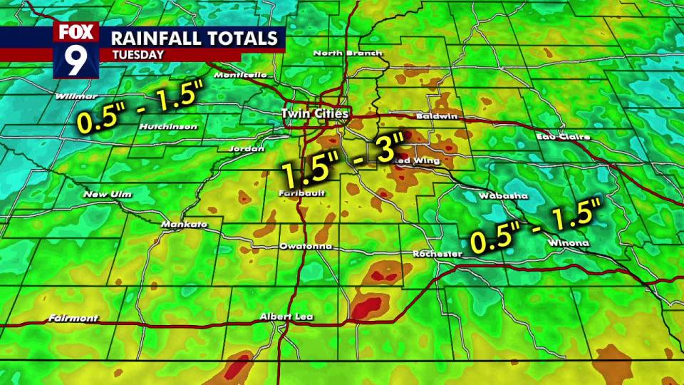 <div>Rain totals from Tuesday's storm in Minnesota.</div> <strong>(FOX 9)</strong>