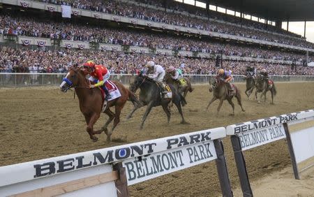 Jun 9, 2018; Elmont, NY, USA; Mike Smith aboard Justify wins the 150th running of the Belmont Stakes. Mandatory Credit: Michael Clevenger and Chris Granger/Louisville Courier-Journal via USA TODAY Sports