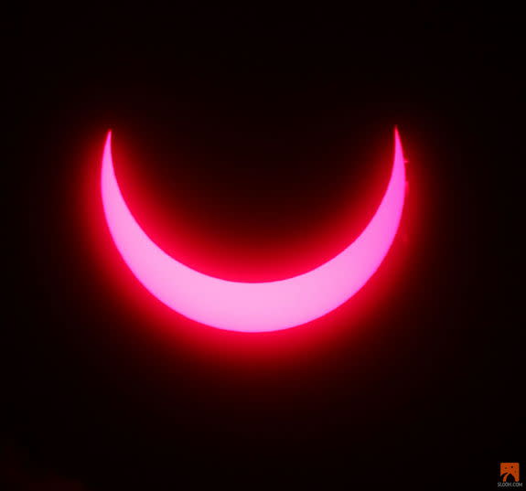 This image shows the annular solar eclipse of May 9, 2013, as seen through a solar telescope in Australia. The image is a still from video provided by the Slooh community telescope.