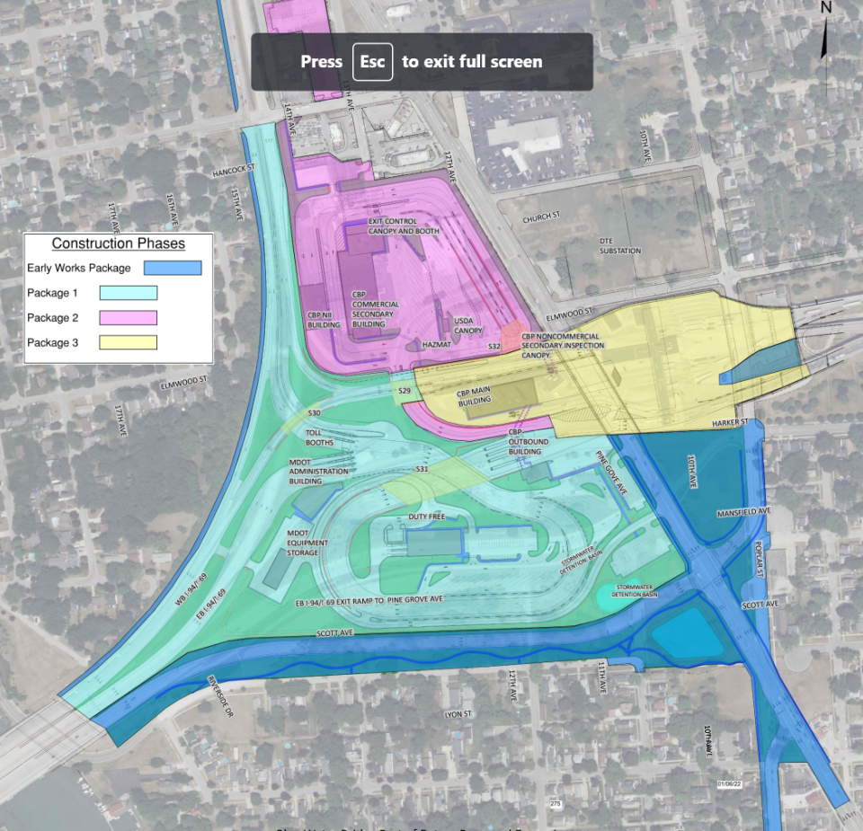 A map shows the phases of construction for the state's latest plans to build a Blue Water Bridge Plaza expansion.