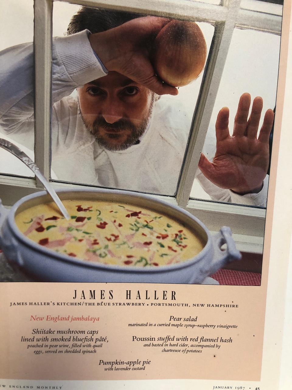 New England jambalaya is pictured in this January 1987 New England Monthly piece on a chef James Haller menu.