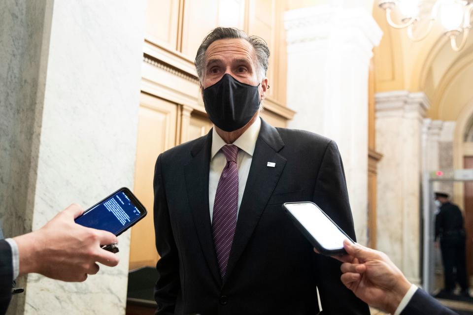 Republican Senator from Utah Mitt Romney  arrives for the third day of the second impeachment trial of former US President Donald Trump on Capitol Hill February 11, 2021, in Washington, DC. (Michael Reynolds/AFP via Getty Images)