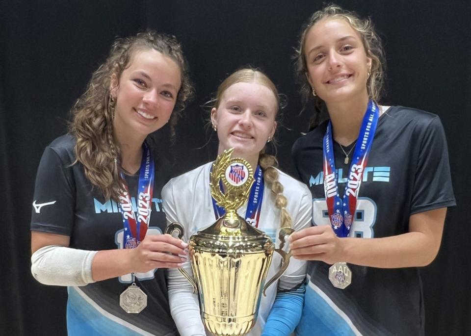 Jessica Costlow and McKenna Payne of St. Mary Catholic Central and Bedford’s Victoria Gray helped the 16-under MiElite Volleyball team take second place in the open division of the AAU National Championships.