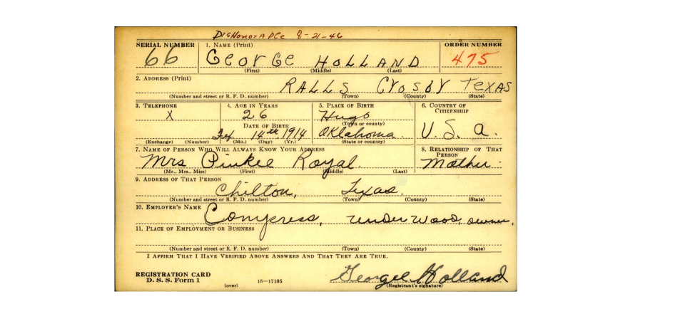 George Holland's draft registration card, circa 1940.