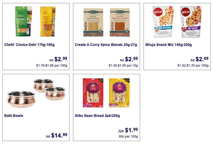 Indian groceries on sale as Special Buys at Aldi.