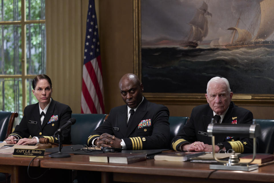 L-R Stephanie Erb as Rear Admiral Lucille Stutz, Lance Reddick as Captain Luther Blakey and Dale Dye as Vice Admiral R.T. Dewey in The Caine Mutiny Court-Martial, streaming on Paramount+ with SHOWTIME, 2023. Photo Credit: Marc Carlini/Paramount+ with SHOWTIME. © 2023 Order in the Friedkin Court, LLC