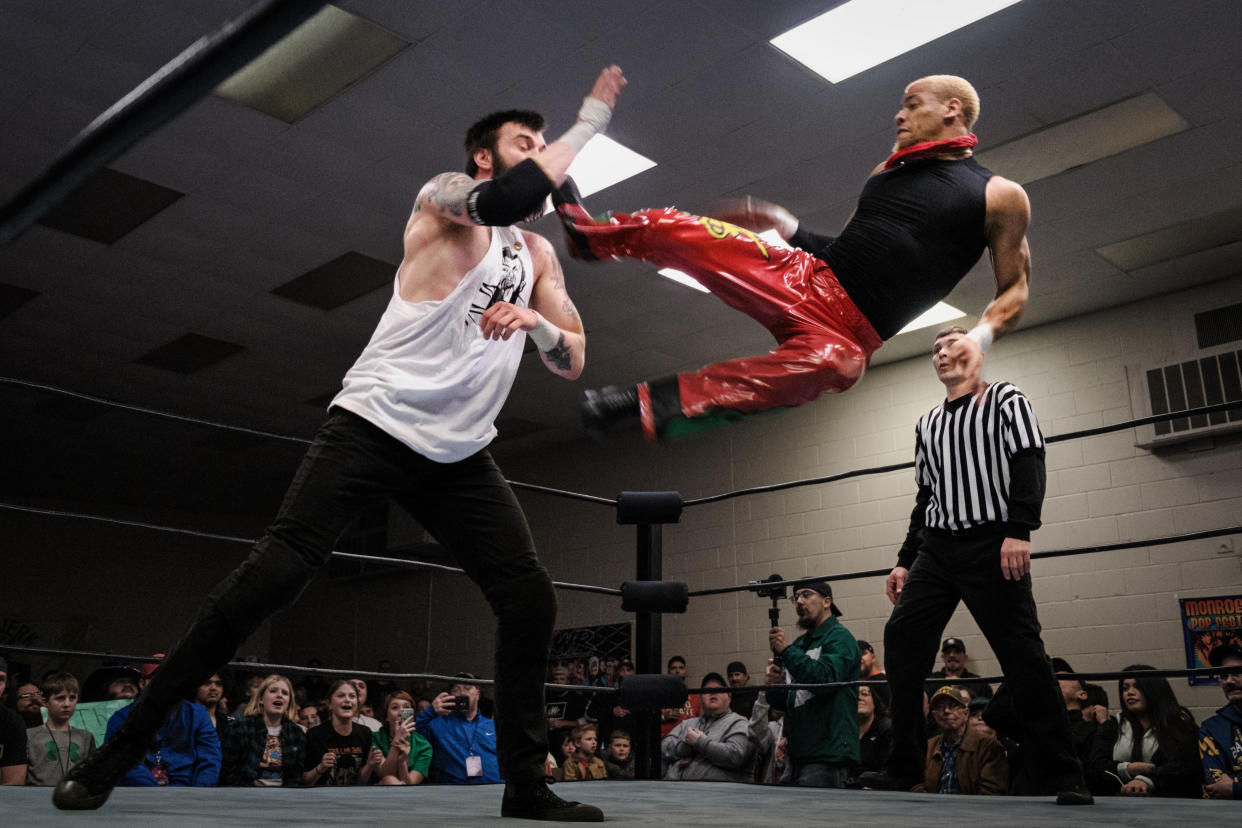 At IWR-18, Tommy Vendetta, left, takes a kick to the face from Myron Reed. Pro wrestling returns to the Robert A. Hutchinson FOP Hall at 1051 Strasburg Road March 23 with Insane Wrestling Revolution’s IWR 19-Royalty Reignz.