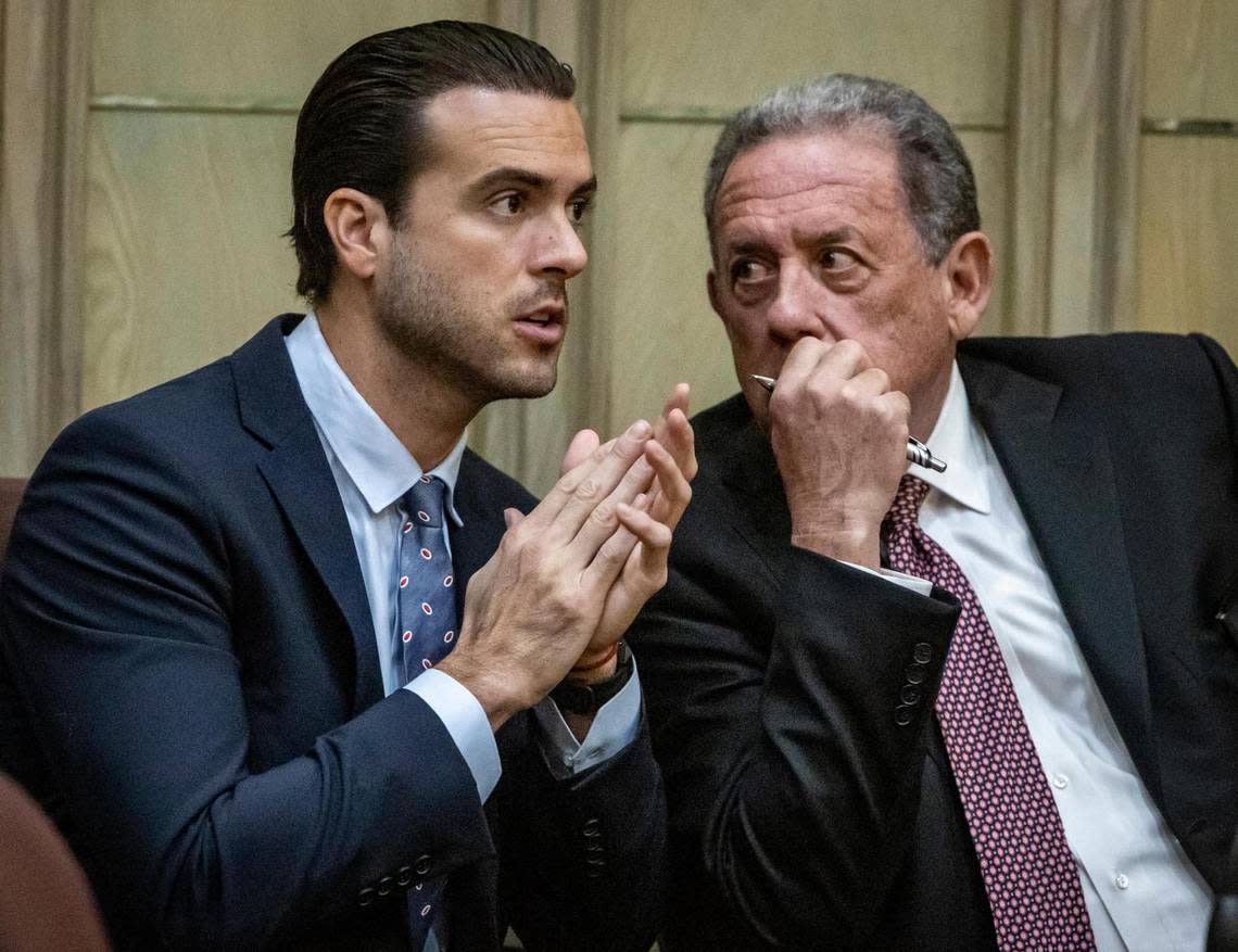 Miami, Florida, September 23, 2022 - Pablo Lyle, left, talks to his attorney Bruce Lehr, right, on the first day of his criminal trial in Miami-Dade Criminal court. Pablo Lyle is accused of killing 63-year-old Juan Ricardo Hernandez during a road rage incident in 2019.Alejandro Sola