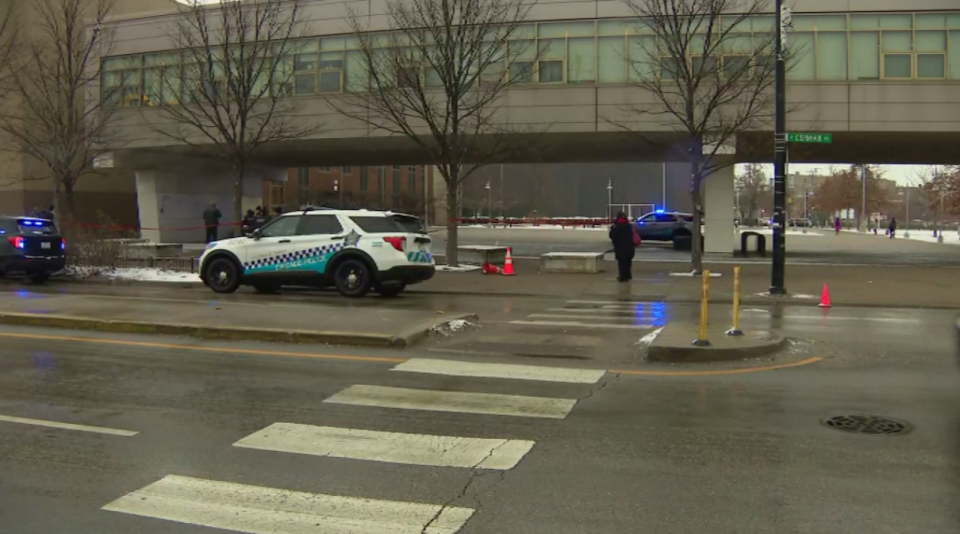 At the scene of where several teens were shot outside Benito Juarez High School in the Pilsen neighborhood of Chicago. Dec. 16, 2022.   / Credit: CBS Chicago