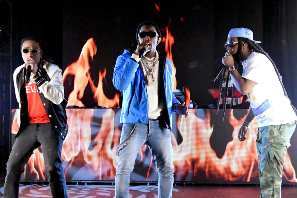 Migos rap trio performing together before Takeoff’s death (Getty Images)