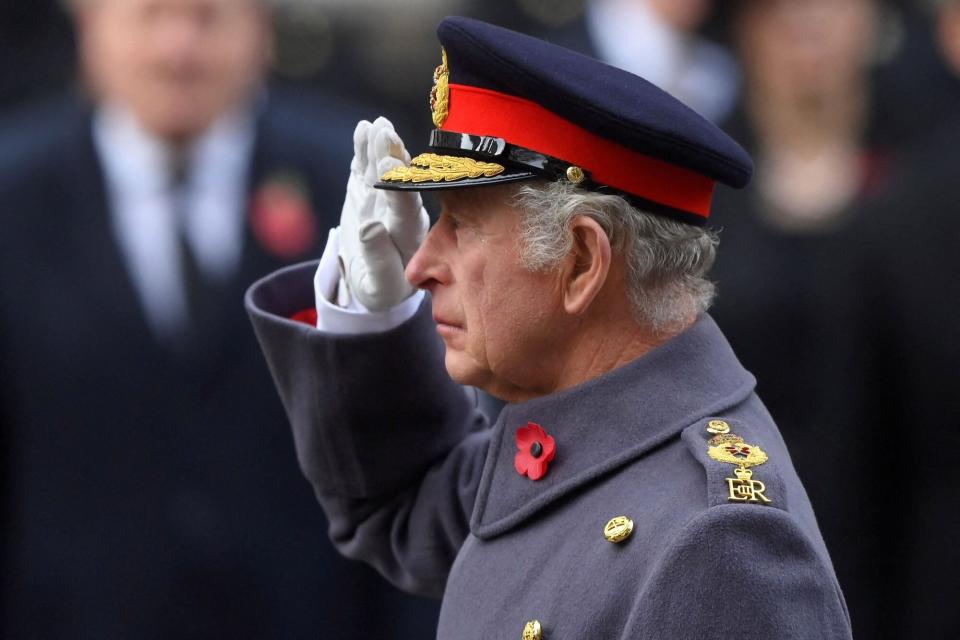 Britain's King Charles III attends the Remembrance Sunday ceremony at the Cenotaph on Whitehall in central London, on November 13, 2022. - Remembrance Sunday is an annual commemoration held on the closest Sunday to Armistice Day, November 11, the anniversary of the end of the First World War and services across Commonwealth countries remember servicemen and women who have fallen in the line of duty since WWI. (Photo by TOBY MELVILLE / POOL / AFP) (Photo by TOBY MELVILLE/POOL/AFP via Getty Images)