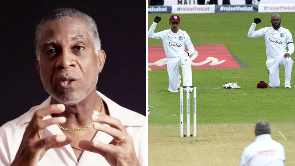 West Indies cricket legend Michael Holding (pictured left) speaking about racism and the West Indies cricket team taking a knee (pictured right).