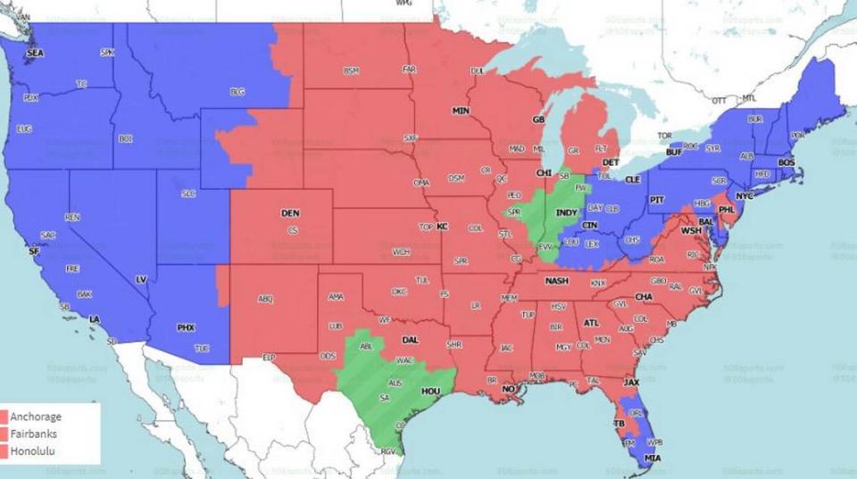 The Chiefs-Washington game will be seen in areas in red, while the Chargers-Ravens game is in blue and the Texans-Colts game is in green.