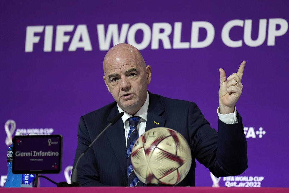 FILE FIFA President Gianni Infantino meets the media at the FIFA World Cup closing press conference in Doha, Qatar, Friday, Dec. 16, 2022.. An advertising regulator says FIFA made false claims about last year's World Cup in Qatar being carbon neutral. The Swiss Commission for Fairness says FIFA was “not able to provide proof that the claims were accurate.” (AP Photo/Martin Meissner, File)