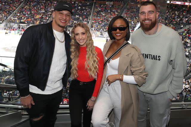 <p>Chase Agnello-Dean/NHLI via Getty</p> Patrick Mahomes, Brittany Mahomes, Kayla Nicole and Travis Kelce.