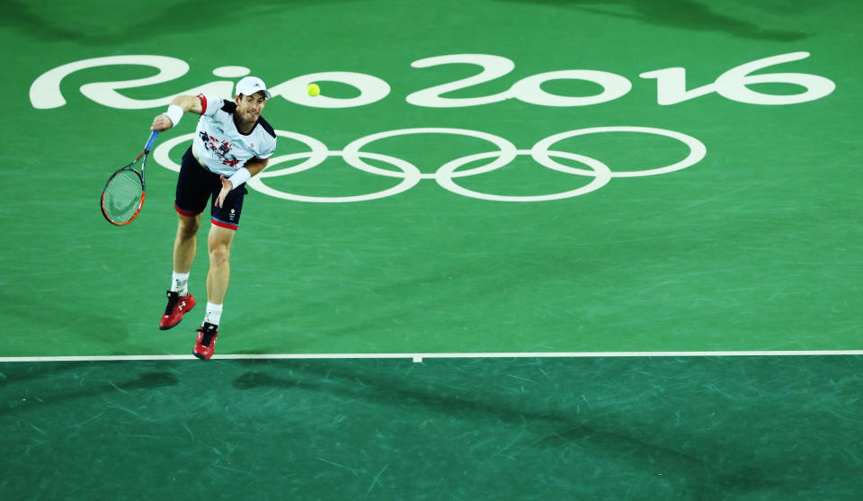 RIO DE JANEIRO, BRAZIL - AUGUST 14: Andy Murray of Great Britain is seen in action during the Men's singles Gold medal match against Juan Martin del Potro of Argentina at Olympic Tennis Centre on August 14, 2016 in Rio de Janeiro, Brazil. (Photo by Ian MacNicol/Getty Images)