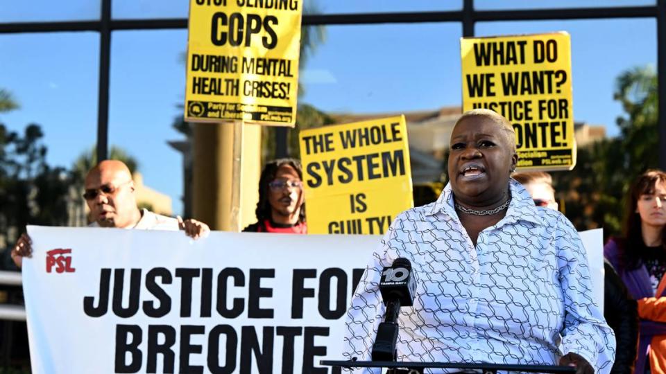 Tracey Washington, Breonte Johnson-Davis’s mother, speaks at a press conference advocating for justice after her son’s death. A group of local activists called for the Manatee County Commission to implement a new mental health response program on April 23, 2024.