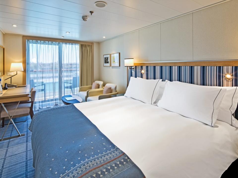 A Viking Ocean ship's deluxe veranda stateroom. The cruise line's ocean cruise ships are all identical.