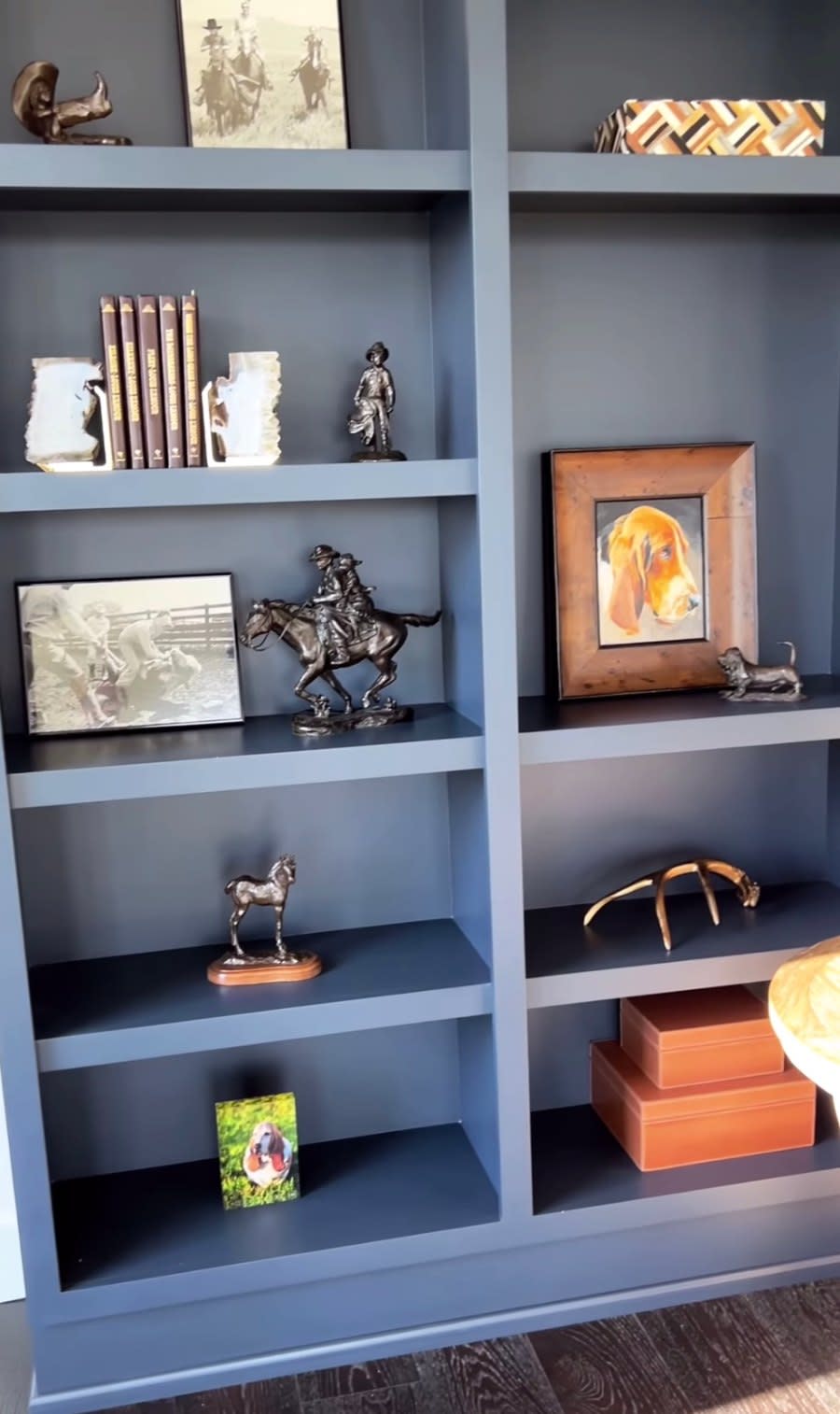 Ree Drummond bookshelf in living room.