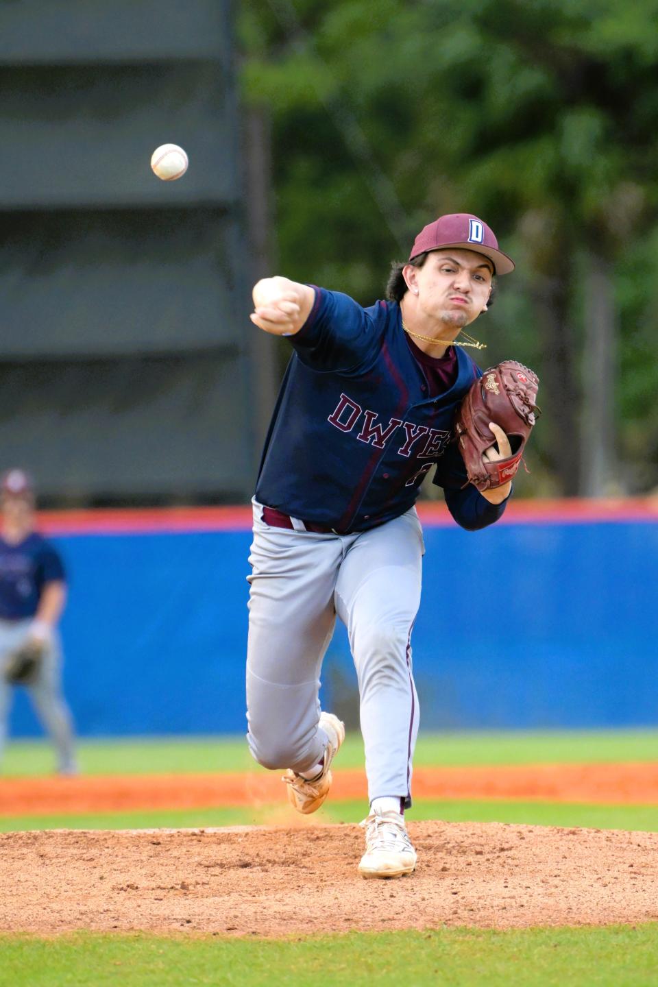 Dwyer pitcher Nick Rovitti throws a pitch during a regular season game against Palm Beach Gardens on Mar. 21, 2024.