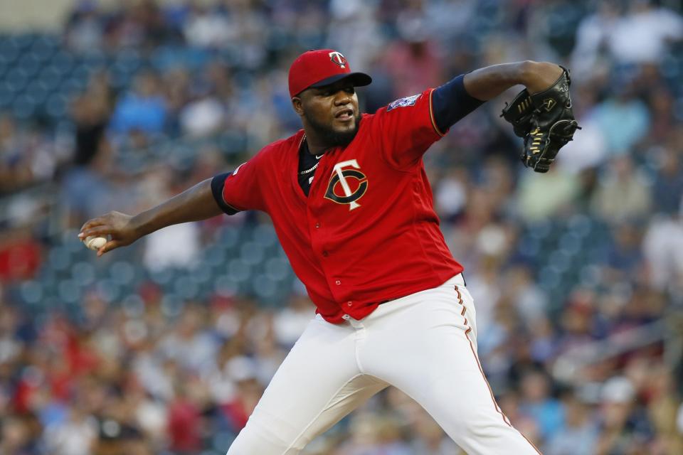 Minnesota Twins pitcher Michael Pineda throws to a Cleveland Indians batter during the first inning of a baseball game Friday, Sept 6, 2019, in Minneapolis. (AP Photo/Jim Mone)