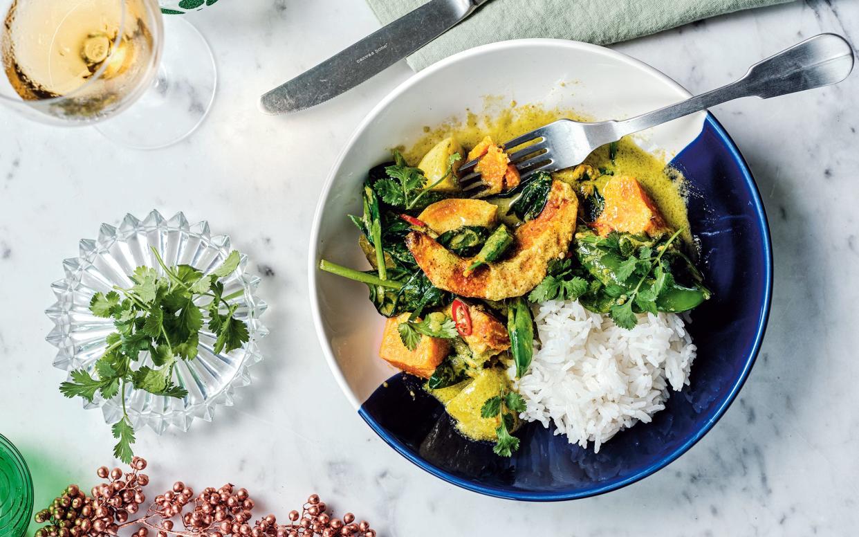 Pumpkin and sweet potato with coconut and greens recipe  - No Unauthorized Use