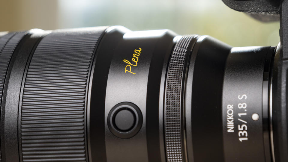 Closeup of the Plena etching on the Nikon Z 135mm f/1.8 S Plena lens