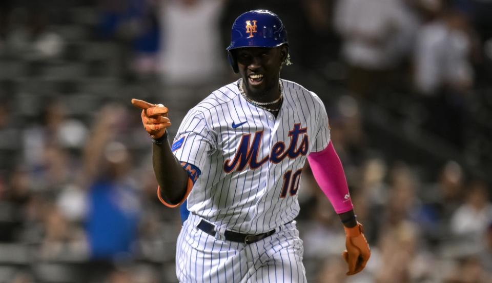 New York Mets shortstop Ronny Mauricio (10) reacts after hitting a two run home run against the Arizona Diamondbacks during the fourth inning at Citi Field.