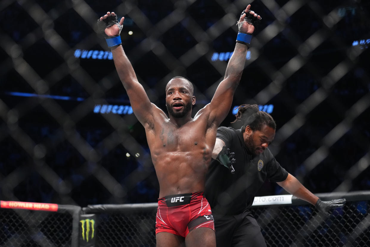 SALT LAKE CITY, UTAH - AUGUST 20: Leon Edwards of Jamaica reacts after defeating Kamaru Usman of Nigeria by KO in the UFC welterweight championship fight during the UFC 278 event at Vivint Arena on August 20, 2022 in Salt Lake City, Utah. (Photo by Chris Unger/Zuffa LLC)