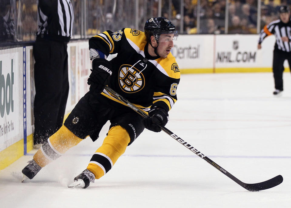 BOSTON, MA - APRIL 12: Brad Marchand #63 of the Boston Bruins takes the puck in the third period against the Washington Capitals in Game One of the Eastern Conference Quarterfinals during the 2012 NHL Stanley Cup Playoffs at TD Garden on April 12, 2012 in Boston, Massachusetts. The Boston Bruins defeated the Washington Capitals 1-0 in overtime. (Photo by Elsa/Getty Images)