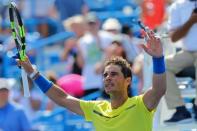 Aug 18, 2017; Mason, OH, USA; Rafael Nadal (ESP) reacts after defeating Albert Ramos-Vinolas (ESP) during the Western and Southern Open at the Lindner Family Tennis Center. Mandatory Credit: Aaron Doster-USA TODAY Sports